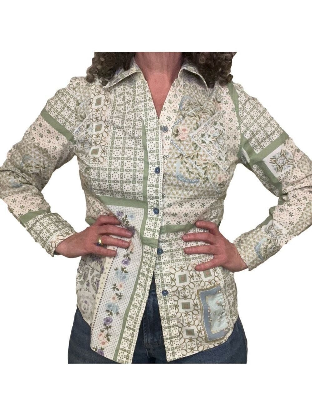 VINTAGE TABI Patchwork Button Up Shirt Blouse Cream Sage Green Pastel Floral XS